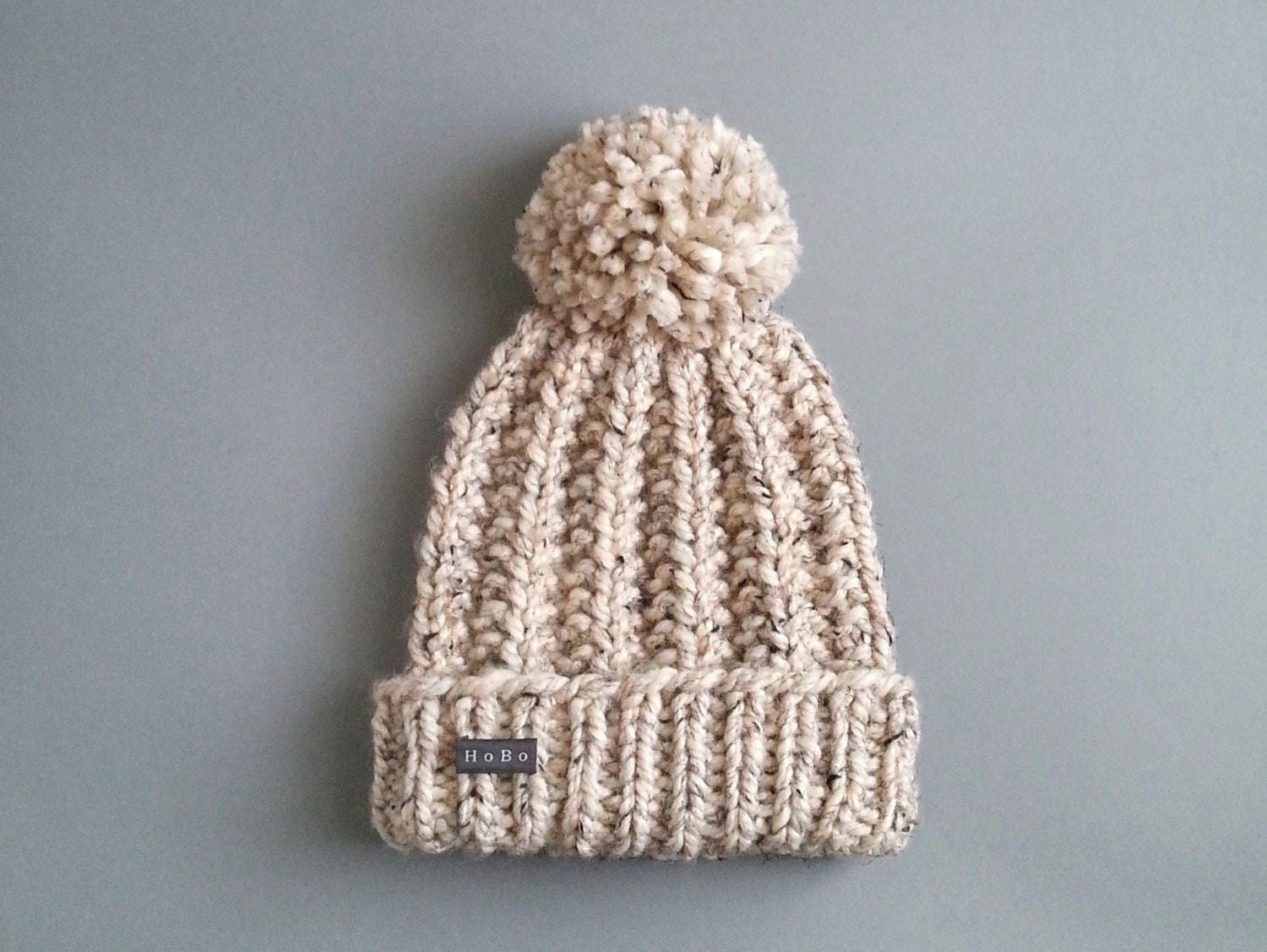 HoBo 'Lofty' mens handmade bobble hat. Thick chunky hand knit beanie, large removable Pom Pom. Oatmeal beige tweed wool blend