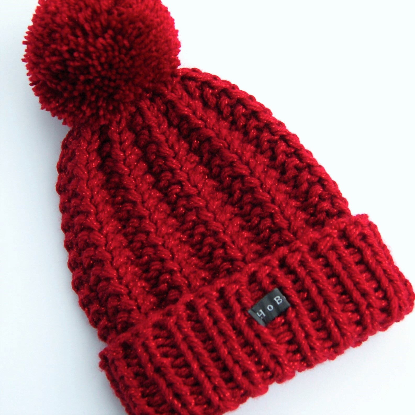 SPARKLY Deep Red Knitted Bobble Hat. Womens/Girls hand knit Etsy