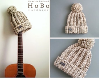 HoBo 'Lofty' mens handmade bobble hat. Thick chunky hand knit beanie, large removable Pom Pom. Oatmeal beige tweed wool blend