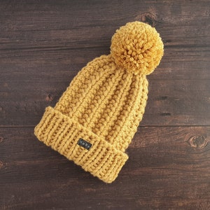 Yellow HoBo Handmade 'Lofty' Bobble Hat. Thick chunky hand knitted beanie with large removable pom pom. Wool blend. Available in 3 colours image 3