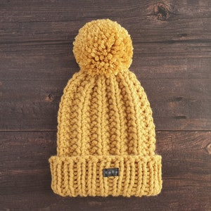 Yellow HoBo Handmade 'Lofty' Bobble Hat. Thick chunky hand knitted beanie with large removable pom pom. Wool blend. Available in 3 colours image 5