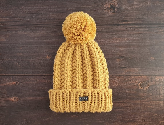 Tweed wool blend HoBo Handmade Lofty Thick chunky hand knitted beanie with large removable pom pom MediumLargeXL Mens Brown Bobble Hat