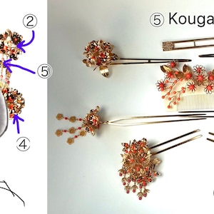 Op de afbeelding: Een set van vijf traditionele Japanse haarsieraden, bekend als kanzashi, met ingewikkelde ontwerpen met gouden en rode accenten. De sieraden zijn gelabeld met hun namen in het Japans: Maezashi, Nakazashi, Kushi, Atozashi en Kougai.