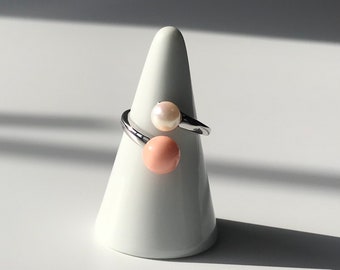 Angel skin coral and Akoya pearl adjustable silver ring