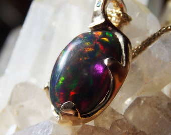 14k Gold AAA  Black Fire Opal, Rainbow Opal, OOAK, Handmade Pendant, Gift For Her, Wedding, Anniversary, Bridesmaid,