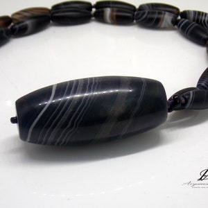 Dzi Agate Necklace Antique Black and White Classic Pendant, Large Pendant Combined with Matching Small Antique Beads Made by Hand