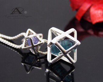 Pendentif Merkaba en argent sterling, cristal de tourmaline bleue, breloque géométrique