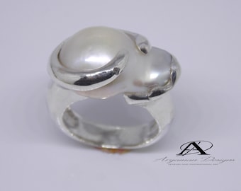 OOAK Sterling Silver Sea Pearl Ring, Diamond Accent, Size 6.8