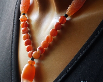 Natural Carnelian Dzi Agate Necklace, Ancient Tibetan Beads