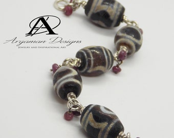 Bracelet tibétain en agate dzi, bijou ancien de collection, rubis en argent sterling