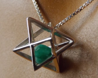 Pendentif en argent cube de Metatron, émeraude naturelle, bijoux pour chakras géométriques