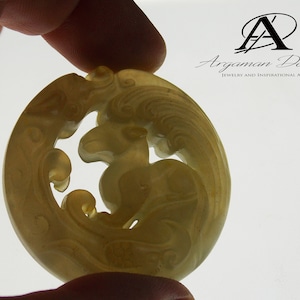 Antique Jade Large natural stone in light Tibetan green color Handmade carved &quot;dragon with a horse&quot; Rare ancient jade stone
