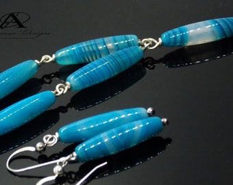 Ensemble collier et boucles d'oreilles Dzi en agate bleue, bijoux tibétains en argent sterling