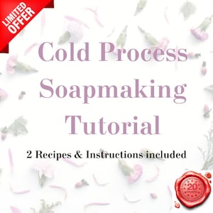 May include: A white background with scattered pink flower petals and sprigs of greenery. The text "Cold Process Soapmaking Tutorial" is displayed in a soft purple font. The image also includes the text "2 Recipes & Instructions included" and a red seal.
