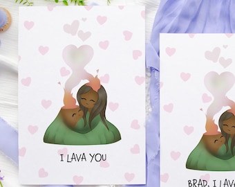 May include: Two cards with a cartoon illustration of a volcano with a couple inside. The text on the cards reads "I lava you" and "Brad, I lava you".