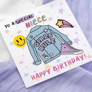 Carte d'anniversaire de veste en jean pour filles amusante, veste en jean, carte d'anniversaire de fille personnalisée, à une carte d'anniversaire spéciale nièce, fille, filleule