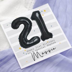 Gepersonaliseerde zwarte folieballonnen verjaardagskaart, kaart voor hem, folieballon verjaardag, nummerballonkaart, leeftijd ballonnenkaart, 21e verjaardag