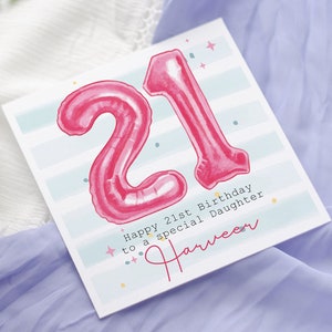 Biglietto di compleanno personalizzato con palloncini in foil, biglietto per lei, figlia, nipote, biglietto con palloncino rosa in foil con numero, biglietto con palloncini per età, 21° compleanno