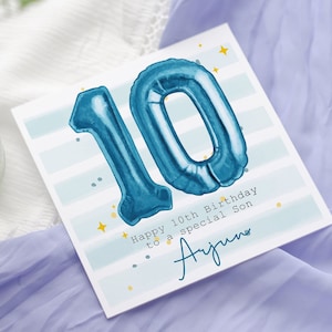 Personalisierte blaue Folienballons Geburtstagskarte, Karte für ihn, Sohn, Folienballon Geburtstag, Zahlenballonkarte, Altersballonskarte, 10