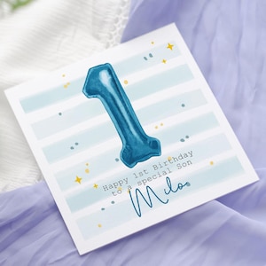 Carte personnalisée de 1er anniversaire, carte d'anniversaire ballons bleus, carte pour garçons/lui, neveu, fils, filleul, petit-fils, carte de 1er anniversaire