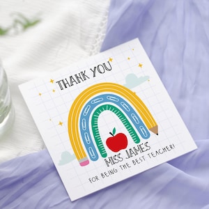 Carte de remerciement pour enseignant, carte arc-en-ciel personnalisée - Merci d'être le meilleur enseignant - Aide-enseignant TA - Maternelle - Fin d'école