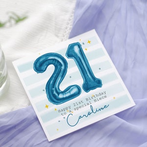 Biglietto di compleanno personalizzato con palloncini in foil blu, biglietto per lui/lei, compleanno con palloncini in foil, biglietto con palloncino numerico, biglietto con palloncini per età, 21°