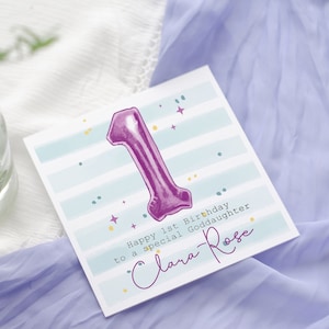 Biglietto di auguri di compleanno personalizzato con palloncini in foil, biglietto per lei, nipote, figlia, figlioccia, biglietto per il primo compleanno, biglietto per il primo compleanno del bambino