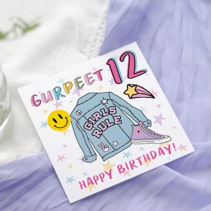 Biglietto di auguri per il 12° compleanno di una giacca di jeans per bambine, giacca di jeans, biglietto di auguri personalizzato per bambine, biglietto di auguri divertente