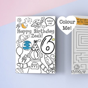 Tarjeta de cumpleaños personalizada con actividades para colorear del espacio para niños, tarjetas de cumpleaños, tarjetas para colorear, tarjetas de cumpleaños para niños, crea tu propia tarjeta
