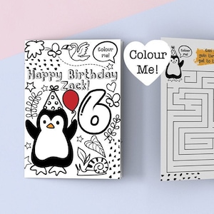 Tarjeta de cumpleaños personalizada con actividad para colorear de pingüinos para niños, tarjetas de cumpleaños, tarjeta para colorear, tarjeta de cumpleaños para niños, crea tu propia tarjeta
