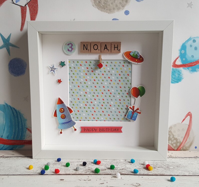 dinosaurs and spaceships Boys personalised birthday scrabble frame gift