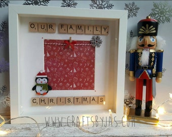 Our family christmas scrabble frame - scrabble art - penguin