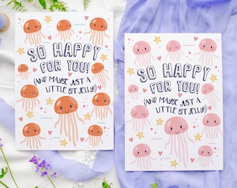 Divertida tarjeta de felicitación de medusas: Celebración divertida, "Muy feliz por ti", ¡Bien hecho!