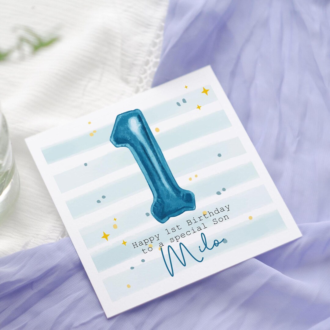 Personalised 1st Birthday Card: Blue Foil Number Balloons, Son ...