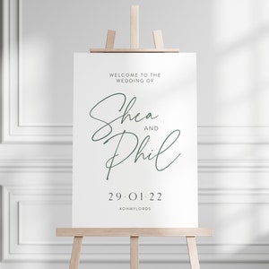 SHEA Printable Wedding Welcome Sign, Wedding Signage, Event Sign, Party Decor, Wedding Sign, Minimal Calligraphy Font Names, Boho Greenery