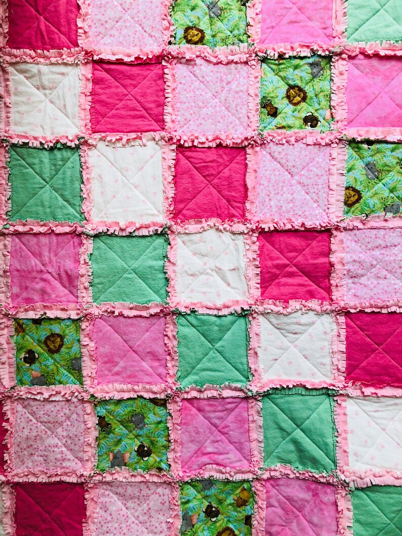 Baby Rag Quilt Safari Handmade Pink And Green Blanket Etsy