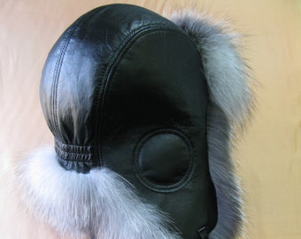 Aviator Fur Hat - Indigo Fox & Black Leather