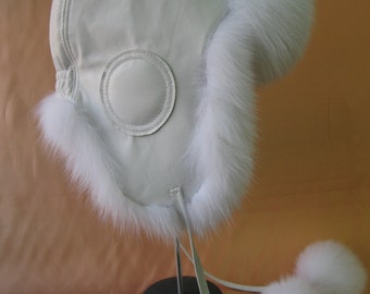 Aviator Fur Hat - White Fox & White Leather