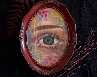 The Beholder Eye Study Original Miniature Oil Painting in Vintage Rococo Style Frame