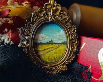 Rural Landscape on a Summer’s Day Original Miniature Oil Painting in Vintage Rococo Style Frame