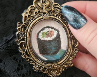 Sushi Original Miniature Oil Painting in Vintage Rococo Style Frame