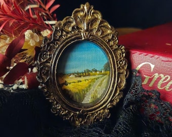 Rural Landscape Countryside Footpath miniature Oil Paintings in Vintage Rococo Style Frame