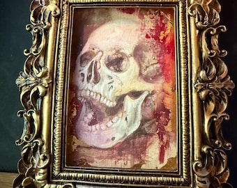 Gothic Skull Study Original Miniature Oil Painting in Vintage Rococo Style Frame