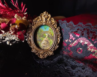 Rural Landscape with Bridge Original Miniature Oil Painting in Vintage Rococo Style Frame