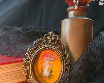Whimsical Toadstool Original Miniature Oil Painting in Vintage Rococo Style Frame