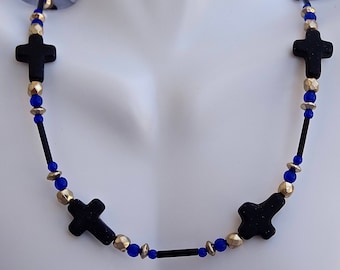 Blue and Gold Women's Cross Necklace~Blue Black and Gold Cross Beaded Necklace~Christian Cross Necklace~Christian Jewelry