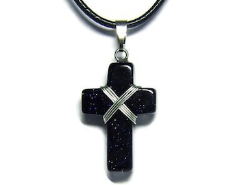 Stone Cross Necklace~Blue Sandstone Cross~Unisex Christian Necklace~Men's Jewelry~Women'e Jewelry~Christian Jewelry