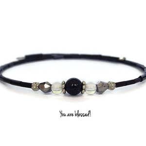 Black Beaded Bracelet~Black and Silver~Unique Bracelet~Adjustable~Blue Sandstone~Christian Jewelry~Womens Bracelet~Stone Jewelry~Gift Idea