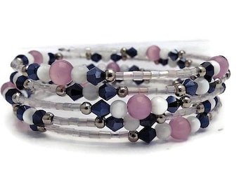 Pink Black and White Bracelet~Memory Wire Wrap Bracelet~Cuff Bracelet~Agate Stone Jewelry~Blessed Bracelet~Mother's Day Gift~Womens Gift