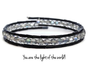 Light Blue and Black Memory Wire Bracelet~Austrian Crystal~Tube Beads~Beaded Jewelry~Women's Bracelet~Holy Fire Designs~Gift For Her
